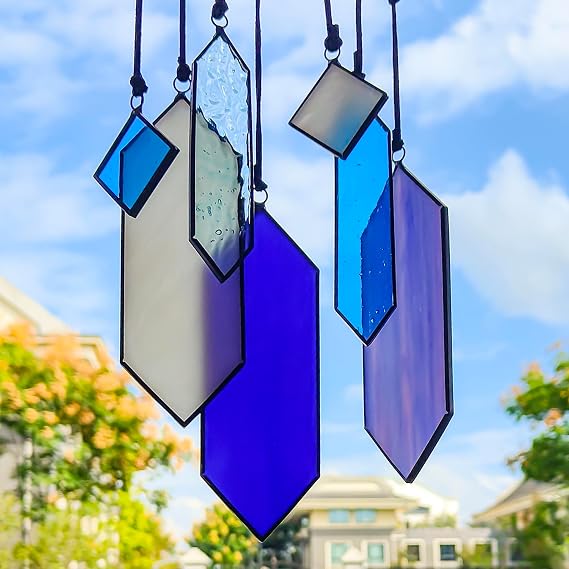 Stained Glass Window Hanging Blue Purple Suncatcher Boho Window Home Decor | 7pcs Modern Geometric Stained Glass Panels