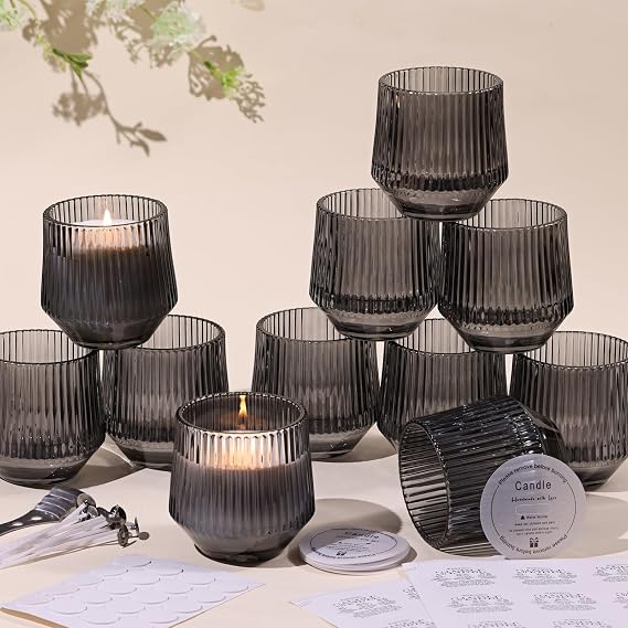 LAMORGIFT 12 Pack Gray Glass Candle Jars for Making Candles- 7OZ Ribbed Empty Candle Jars, Candle Making Jars, Candle Containers, Candle Vessels with