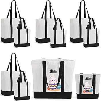 10Pcs Canvas Tote Bag Bulk with Outer Pocket, 12oz Cotton Blank Canvas Tote Bags 19 x 14.6Inch, 13 x 11Inch Reusable Grocery Bags Shopping Cloth Bags for Women, Graduation Favor (5 Set Large & Medium)