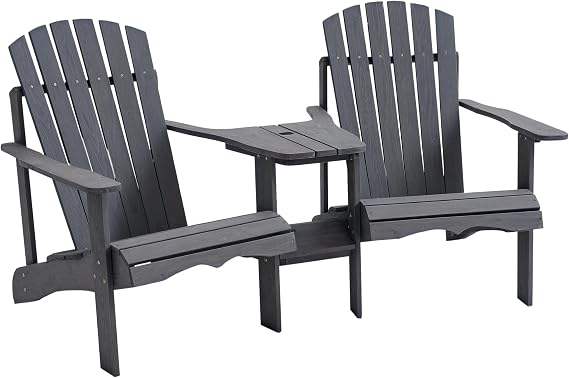 Outsunny Wooden Adirondack Chairs for Two People Fire Pit Chair Gray | With Table & Umbrella Hole, Outdoor, Patio, Deck Lawn Pool Backyard