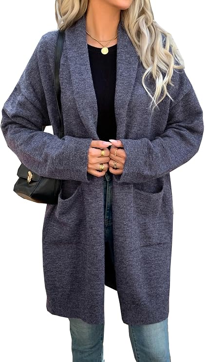 Womens Oversized Open Front Lapel Long Cardigan Soft Knit Casual Sweaters with Pockets