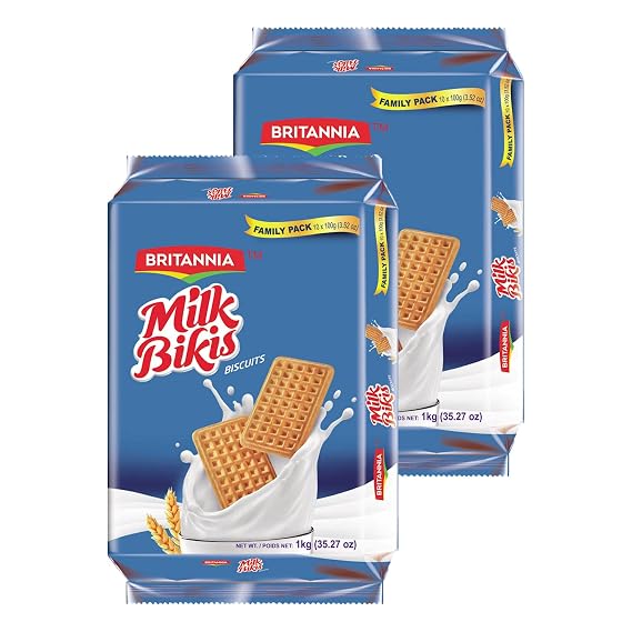 Britannia Milk Bikis Cookies 35.20oz (1kg) - Cream Sandwiched Crispy Cookies - Kids Favorite Breakfast & Tea Time Snacks (Pack of 2)