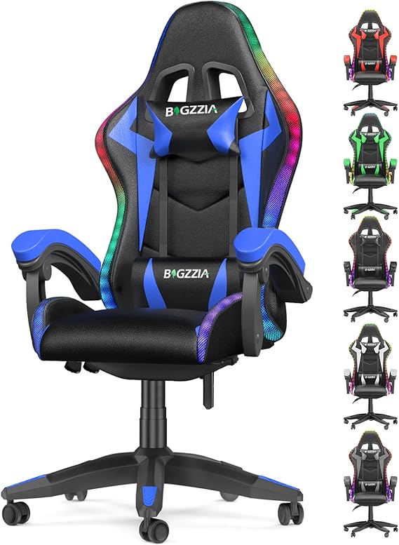 Bigzzia Gaming Chair with RGB Computer Chair with Light Reclining PU Leather Video Game Chair with Headrest Adjustable Lumbar Support (With RGB led, Black/Blue)