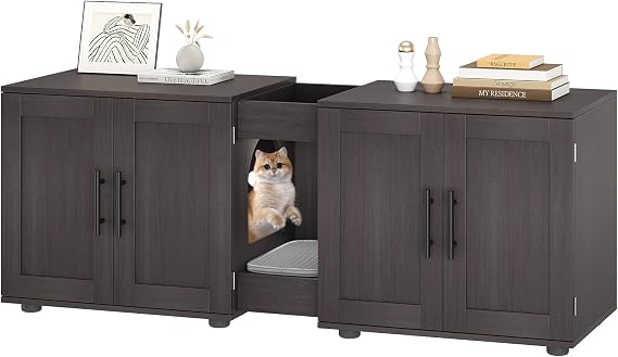 Cat Litter Box Enclosure for 2 Cats, 140 cm Hidden Litter Cabinet Furniture with Scratching Pad, Wooden Double Compartment Cat House with Barn Doors, Multi-Use TV Stand & Side Table for Living Room