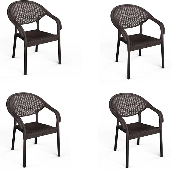 4 Adet Bambu Plastik Rattan Bahçe Balkon Teras Sandalyesi Gizli Metal Profil Ayaklı Kollu Sandalye Bahçe Koltuk (Kahverengi)