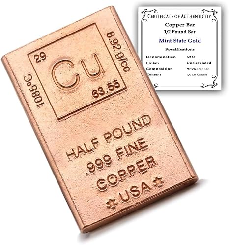 Half Pound Copper Bar Bullion Paperweight with Element Design (1/2 Pound Copper Bar) | with Element Design