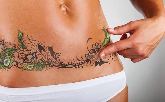 Fiduciary Temporary Tattoo for Scars Realistic Waterproof Scar Cover Tattoo for Tummy Tuck, Mastectomy, C-Section & Top Surgery Peacock Feather Design, Long Lasting 57 Days