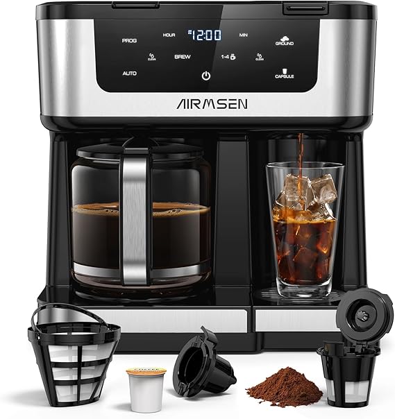 AIRMSEN 12-Cup Programmable Dual Coffee Maker Single Serve Machine for K-Cup Pods & Ground, 1000W Fast Brew, Delay Start, 2H Keep Warm, Touchscreen, 60oz Tank, Glass Carafe Home & Office