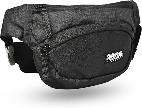Supervek Black Fanny Pack For Women & Men Lightweight Water-Resistant Durable Crossbody Waterproof Fanny Pack Pouch Hip Belt Bag for Travel, Hiking, Festivals, Cycling & Outdoors