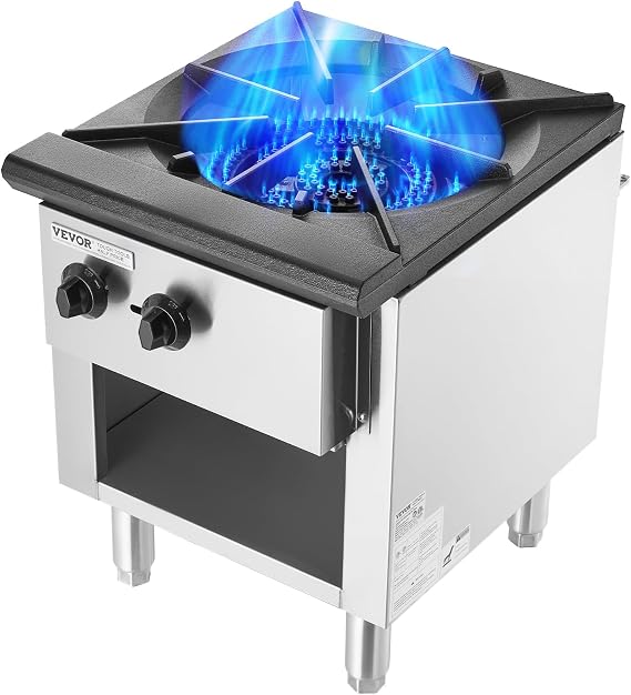 VEVOR Commercial Gas Stove with Cabinet, Propane and Natural Gas Countertop Cooking Stove Range, Stainless Steel Gas Hot Plate, Commercial Cooking Equipment for Restaurant, 90,000 BTU