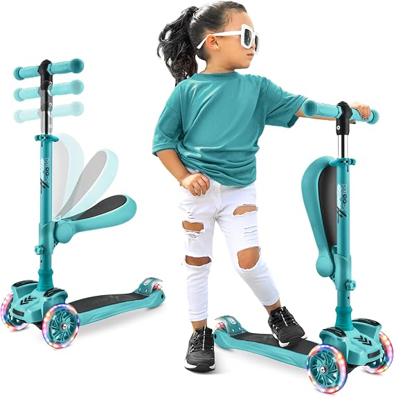 Hurtle Scooter Children from 2 Years - 3 Wheel with Folding Seat - LED Light Wheels - Height Adjustable - Scooter for Indoor and Outdoor Use - Girls and Boys