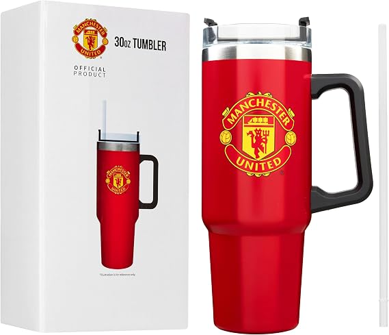 Get Trend Manchester United Insulated Tumbler 850ml, Stainless Steel Water Bottle with Straw & Handle, Cold for 12H Hot for 8H, Travel Coffee Mug, Football Gifts (Red Man U)
