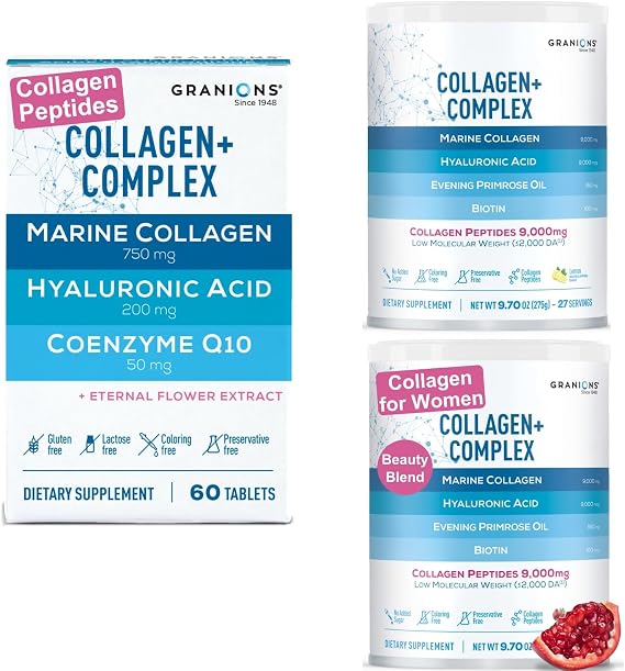Granions Collagen Complex CoQ10, Marine Collagen Lemon Powder and Marine Collagen Pomegranate Powder Bundle