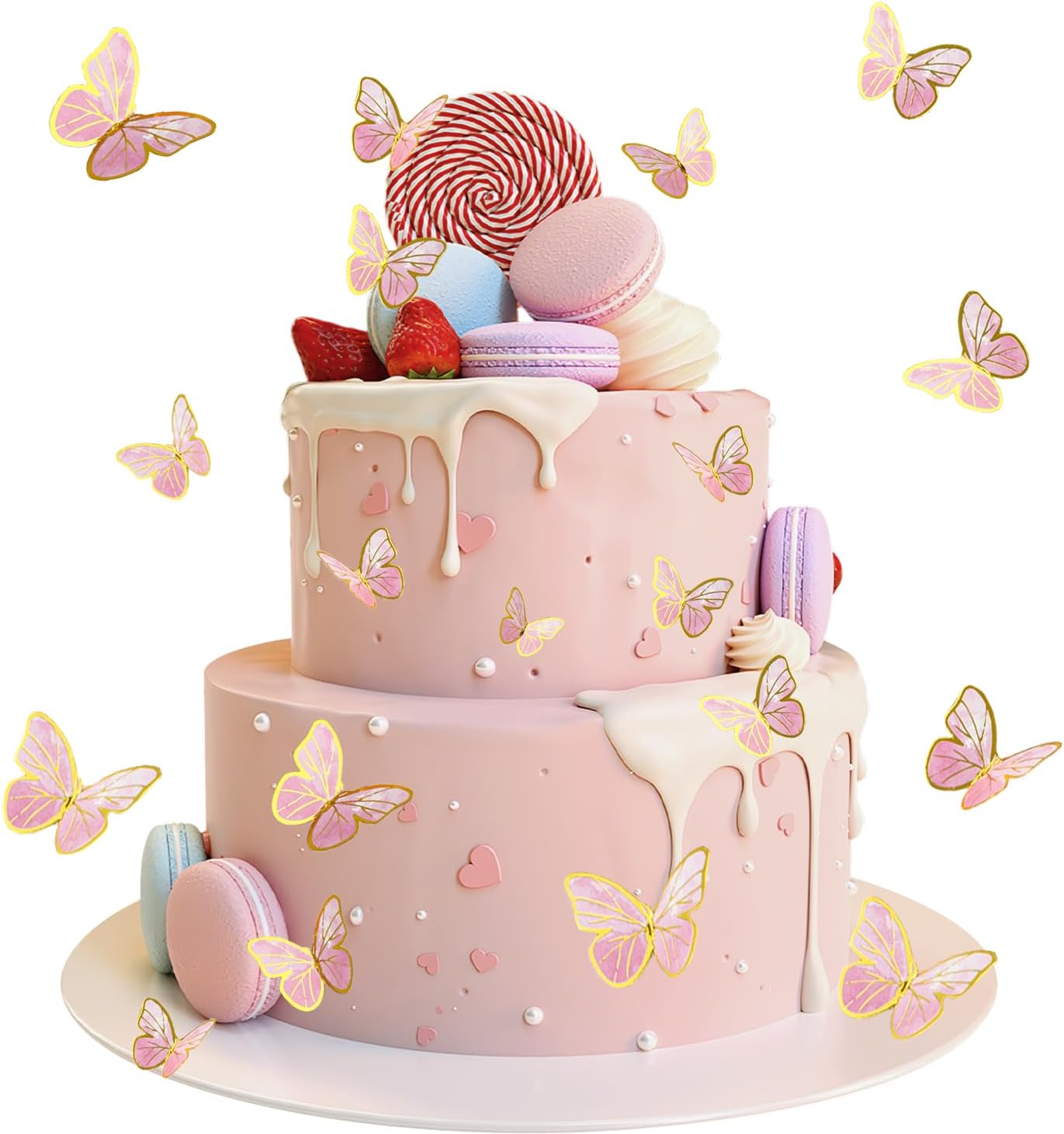 33 Stück Schmetterlings-Kuchendekorationen - Lebhafte 3D-Schmetterlings-Cupcake-Aufsätze für Geburtstag Hochzeit Party & Kuchenwand (Rosa)