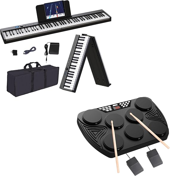 KONIX Folding Piano Keyboard 88 Key Bundle 7 Pad Portable Digital Drum Pad