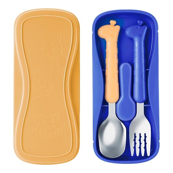 lohodo Toddler Utensils Kids Spoon and Fork Set 18/8 Stainless Steel Silverware BPA Free Blue & Yellow Cute Giraffe Child Flatware with Travel Case for Age 3+