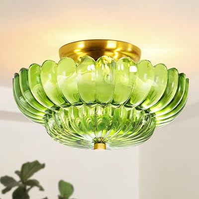 Semi Flush Mount Ceiling Light Green Light Fixtures with Gold Base Vintage Lighting Ceiling Mount Mid Centry Modern Light Fixture for Kitchen Bedroom Hallway Entryway 3-Light, Bulb Not Included