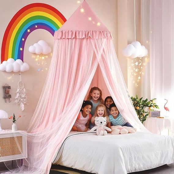 Kertnic 31.5inch Large Dome Bed Canopy for Girls, Double Layer Dreamy Ruffle Princess Canopy, Bedroom Hanging Tent Reading Nook Canopies, Full Queen Bed Canopy Curtain (Beige Pink)