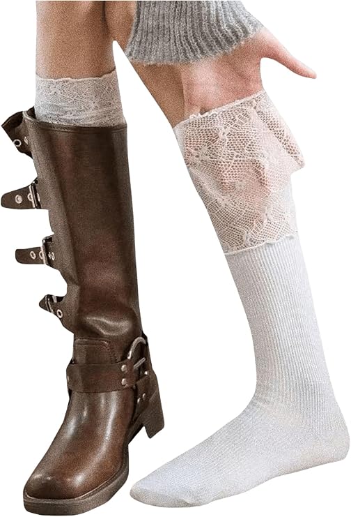 COZYEASE Women's 1 Pair Lace Patchwork Knee High Socks Cute Y2k Stockings