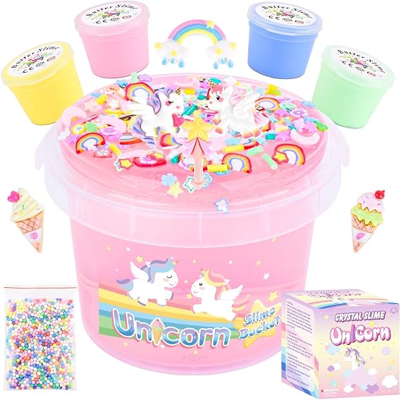 Unicorn Pink Clear Slime Bucket, Soft Stretchy Toy for Kids