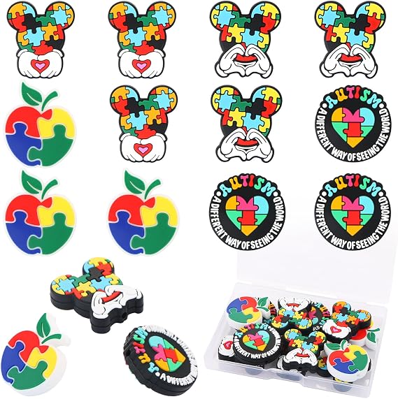 LIYDE 12-Piece Autism Awareness Silicone Beads Kit - Bear & Apple Design Focal Beads for DIY Keychains, Bracelets & Lanyards