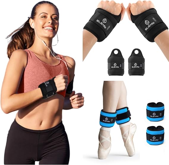 ELEAMY Balanced Training Set 4 lbs Ankle Weights (Pair) + 4 lbs Wrist Weights with Thumb Hole (Pair)