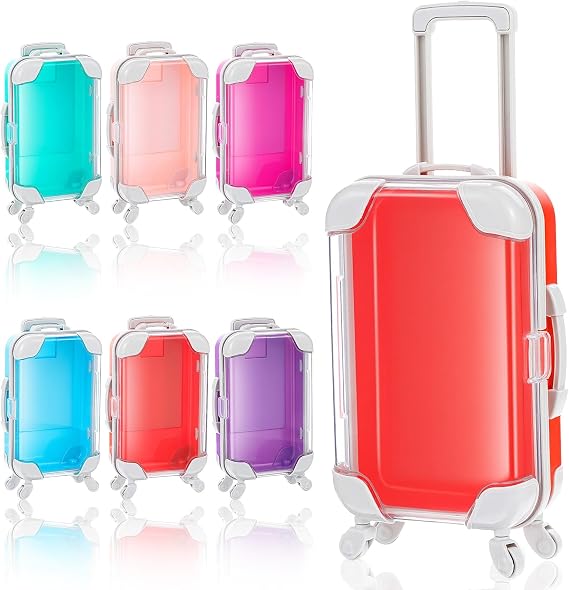 6 Pack Mini Suitcase Party Favor Box - Colorful Mini Plastic Suitcases for Party Favors with Clear Lid, Retractable Handle & Rolling Wheels for Travel Theme Decorations