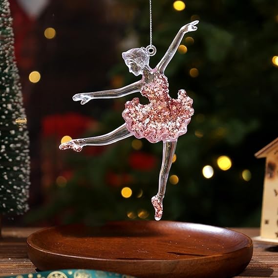 3 Pcs Christmas Tree Hanging Ornament, Clear Acrylic Glitter Snowflake Butterfly Reindeer Dancing Girl Tree Angel Wing Key Wreath Xmas Christmas Decoration Indoor Outdoor (3, Pink A)