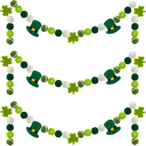 3 Pack Felt St. Patrick's Day Decorations Garland - 6.6 Feet Pom Pom Felt Ball Shamrock Leprechaun Hat Irish Themed Party Favors for Home Bedroom Living Room Decor