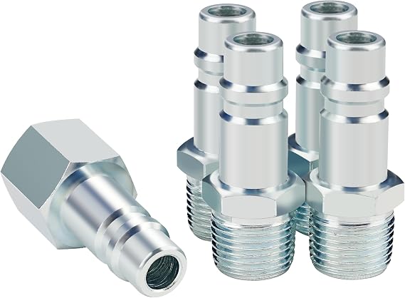 1/2 Air Hose Fittings Set, High Flow 4PCS I/M Industrial Type 1/2 Inch NPT Male Threads Size Plugs and 1PC Female Air Plug, Steel Air Compressor Accessories Quick Connect Fittings 300PSI