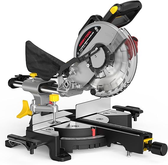 10-inch Sliding Compound Miter Saw, 5000RPM, 15 Amp, Single Bevel 0-45 with Extension Table, 36T Blade, Power Saw for Metal, Plastic, Wood, Laminates