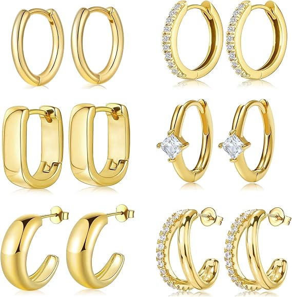 9ct Gold Hoops Earrings Set - 6 Pairs Hypoallergenic Chunky Huggies for Women, Lightweight Plated Statement Cartilage Stackable Jewellery