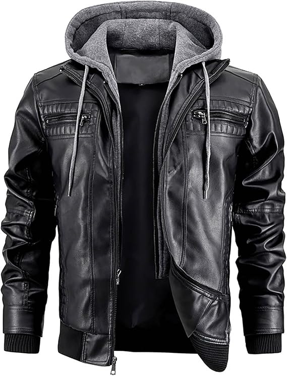 Leather Jacket Men's Warm Faux Leather Jacket with Hood Vintage Bomber Jacket Autumn Winter Thick Transition Jacket Windproof Biker Jacket Outdoor Motorcycle Jacket with Zip