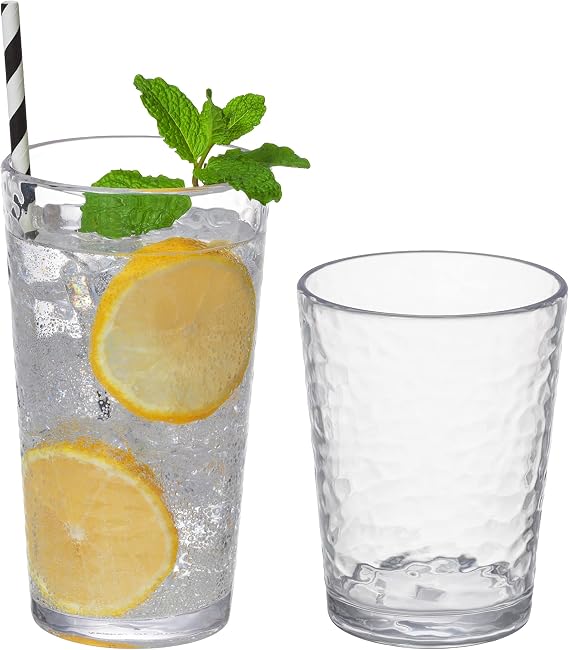 KLIFA- NICE- 14.7 & 20 ounce, Set of 8, Acrylic Tumbler & Highball Drinking Glasses Set, BPA-Free, Stackable Plastic Drinkware, Dishwasher Safe Cups, Clear