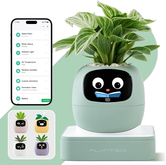 Smart Planter with App Control, Self-Watering AI Plant Pot with LCD Display, Desk Plant Flower Pot Companion for 50+ Plants Pet Planter with Pomodoro Timer,80ml Reservoir,Calendar (Green)