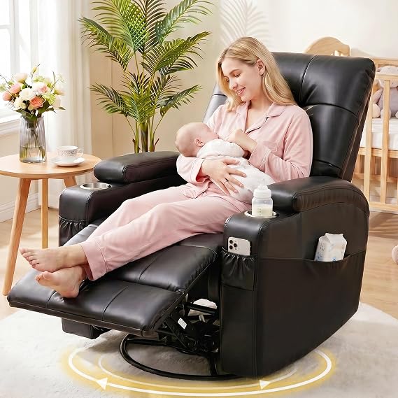 AIRSKY Genuine Leather Recliner Chair, Swivel and Rocking, Italian Water-Washing Process, Single Reclining Armchair for Living Room, Swivel Rocker Recliner Armchair for Adults (Black)