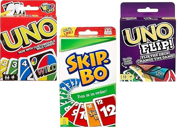 Mattel Uno, Flip and Skip-Bo Card Game, Combo Pack of 3