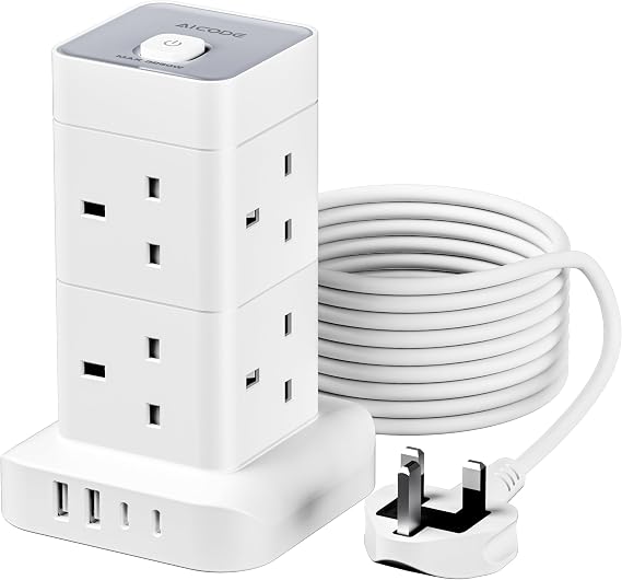 Tower Extension Lead 3M with 4 USB Slots,AICODE 8 Way Multi Plug Extension Socket Tower,2 USB-A & 2 USB-C,Overload Protected Extension Cable