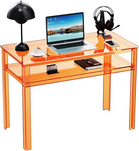 Clear Acrylic Desk with Open Storage, Home Office Computer Writing Desk Office Study Table (Orange, 39.4'' x 19.7'' x 29.5'')