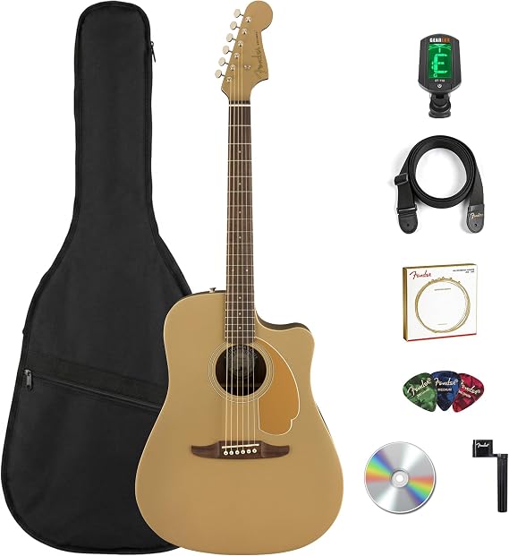 Fender Redondo Player Acoustic Electric Guitar Bundle with Midnight Blue Gig Bag, Strap, Clip-on Tuner, Strings, String Winder, Picks, and Austin Bazaar Instructional DVD - Bronze Satin