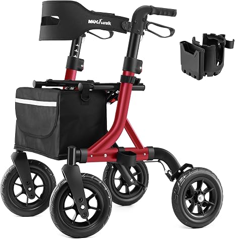 MAXWALK Rollator Faltbar Leicht mit Sitz25cm Gummi-Reifen für All Gelände