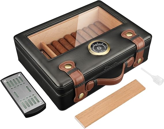 Cigar Humidor, Cigar Box with Hygrometer Humidifier and Divider, Glass Top Cedar Wood Storage Case for 30pcs-50pcs Cigars,Travel Cigar Accessories