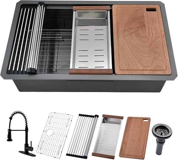 32 Inch Undermount Kitchen Sink with Faucet, 10 Deep Gunmetal