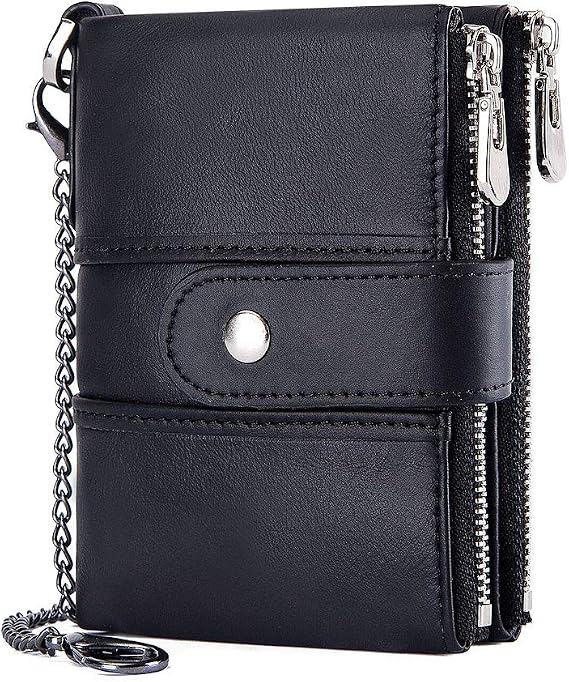 Mens Wallet with Chain Genuine Leather RFID Blocking Bifold Wallet Zipper Coin Pocket with Anti-Theft Chain, Black, Modern