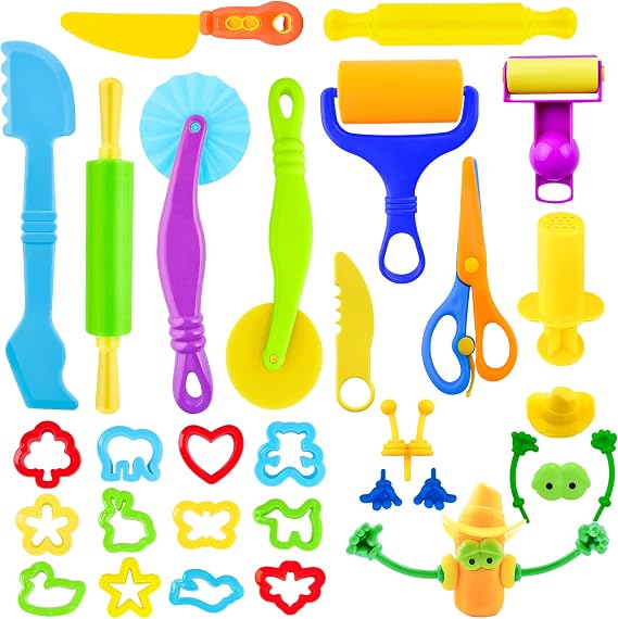 Dough Tools Play Set for Kids,30 pcs Basic Dough Play Toys with Animal Cutters, Roller, Rolling Pins, Safety Scissors, Plastic Knife,Character Accessories