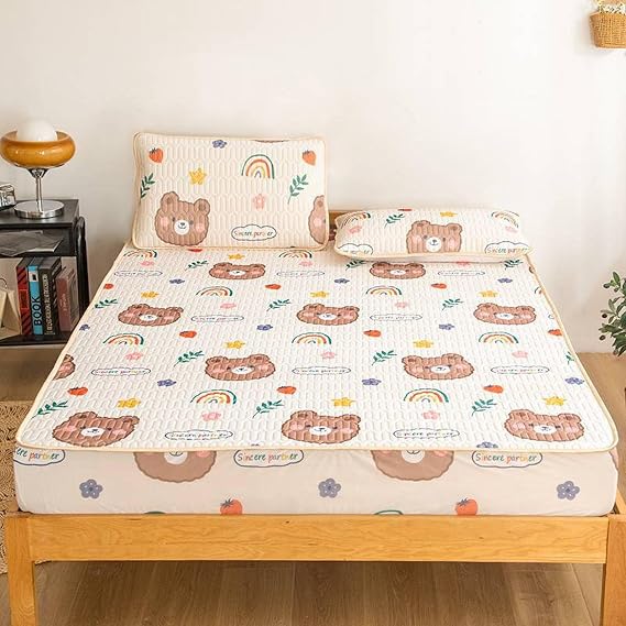 FCLDESHOP Soft Fitted Sheet,Boys Girls Bedroom Cartoon Print Latex Bedding Sheets,Suitable for Sleeping Naked Fits 25cm Deep Mattresses,Bear,150 * 200cm (3pcs)
