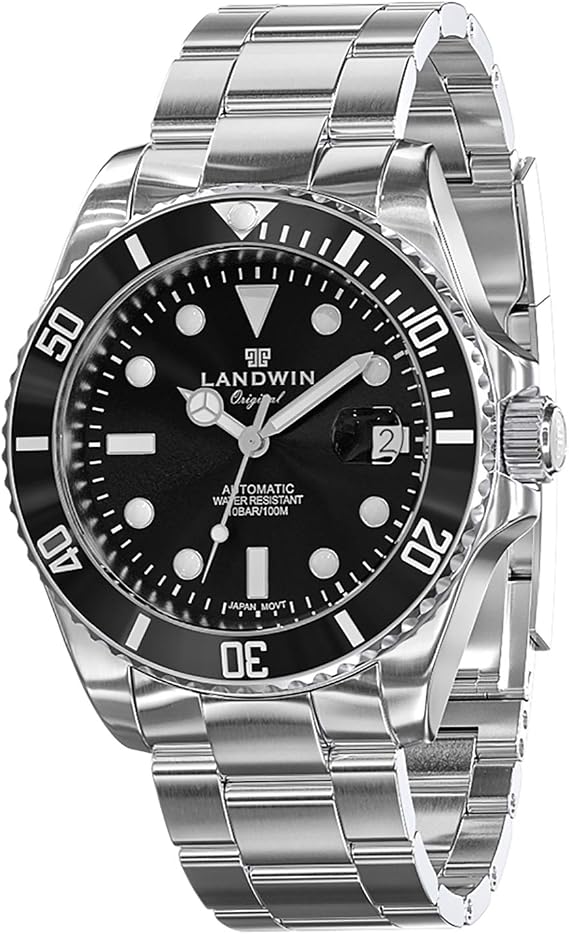 Automatic Watch for Men Stainless Steel Strap 100M Waterproof Mechanical Analogue Synthetic Sapphire Glass with Calendar Luminous Business and Casual Mens Diving Wrist Watches