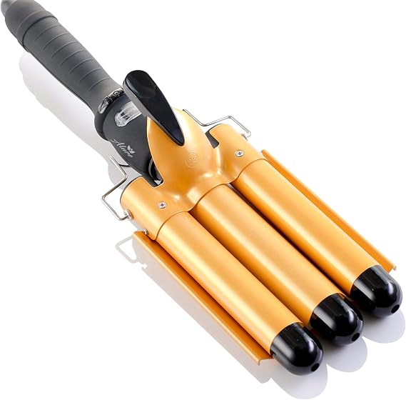 Asani Three Barrel Curling Iron Wand with LCD Temperature Display - 1 Inch Ceramic Tourmaline Triple Barrels, Dual Voltage Crimping Tool, Best Hair Waver for Beachy/Frizz Free Waves (zGold)