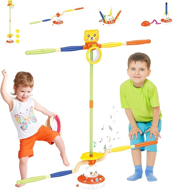Sports Outdoors Play Toys - 5 in 1 Musical Jump Ring Toss Game Stomping Launch Rocket Launcher Basketball Throw for Kids - Indoor Outside Obstacle Avoidance Gifts for Toddlers Ages 3 4 5 6 7 8 9