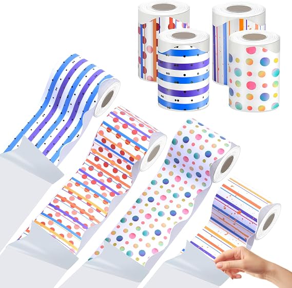4 Roll 196.8Ft Bulletin Board Borders for Board Trim for Office School Home | Polk Dot Stripes Self-Adhesive Scalloped Rolled Borders for Bulletin Board For Classroom Decor
